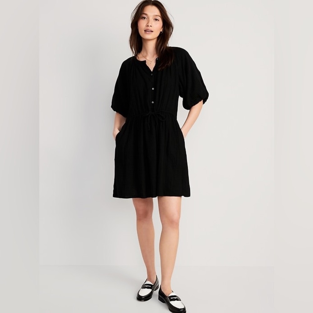 Old Navy LARGE Black Waist Defined Puff Sleeve Cotton Gauze Dress - Picture 2 of 12